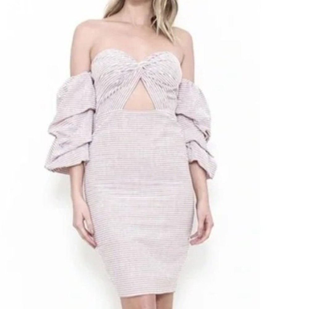 L'atiste by Amy Striped Off-Shoulder Puff Sleeve Mini Dress Purple White Chic S